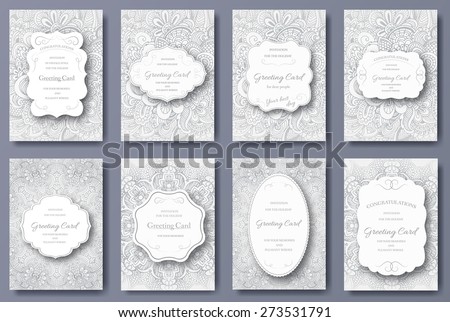 Set of wedding card flyer pages ornament illustration concept. Vintage art traditional, Islam, arabic, indian, ottoman motifs, elements. Vector decorative retro greeting card or invitation design. 