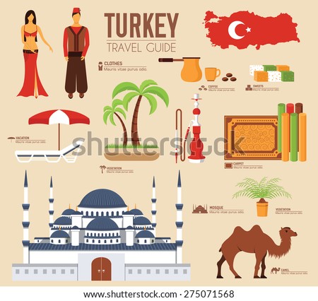 Country Turkey travel vacation guide of goods, places and features. Set of architecture, fashion, people, items, nature background concept.  Infographic template for web and mobile on flat style
