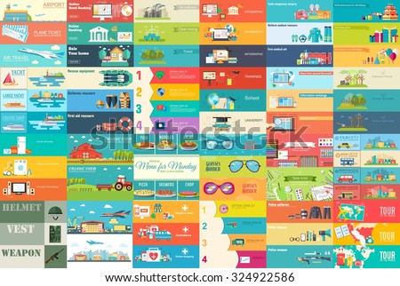 Big collection of banners in flat style. In Set themes: business, airport, online workshop, travel, medicine, eco, news, home appliance, farm, food, glasses, city, army, painter, export. Vector design