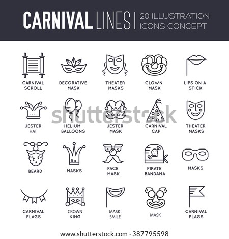 Celebration festival holiday party equipment thin lines icons set. Vector masquerade carnival collection design illustrations concept