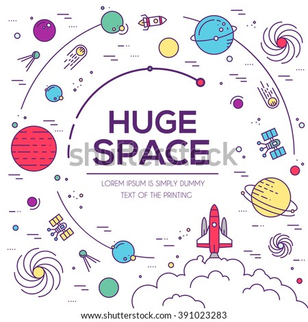Set of huge universe infographic illustration. Outer space rocket flying up into the solar system with a lot of planets background. Vector thin lines icons stars in galaxy design concept. 