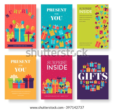 Gift information cards set. Surprise template of flyear, magazines, posters, book cover, banners. Box infographic concept  background. Layout illustrations modern pages with typography text