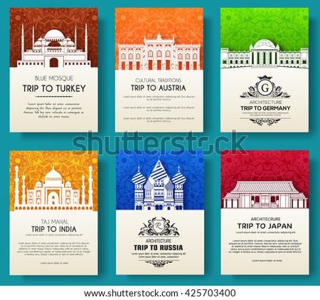 set of art ornamental travel and architecture on ethnic floral flyers. Vector decorative banner of card or invitation design. Historical monuments of Tourkey, Austria, Germany, India, Japan, Russia