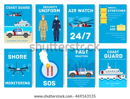 coast guard day cards set. Guarding the order of flyear, magazines, posters, book cover, banners. Devices infographic concept background. Layout illustrations template pages with typography text