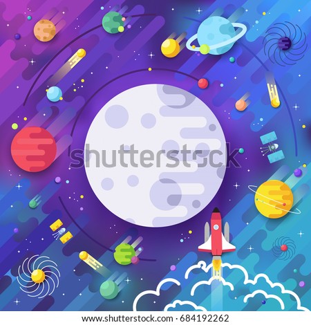 Set of huge universe infographic illustration. Outer space rocket flying up into the solar system with a lot of planets background. Vector thin lines icons stars in galaxy design concept. 