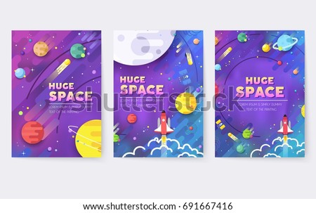 huge universe  vector brochure cards. Outline outer space rocket template of flyear, magazines, posters, book cover, banners. Colorful thin line set.  background. Layout icons stars in galaxy page.