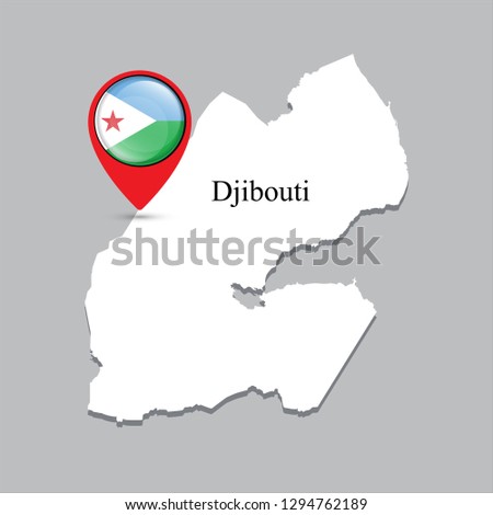 Djibouti map with white shadow and country name on the map. Check-in point with a national flag on a gray background.