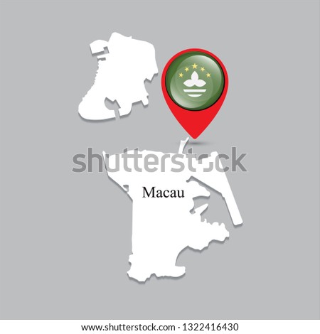 Macau map with white shadow and country name on the map. Check-in point with a national flag on a gray background.