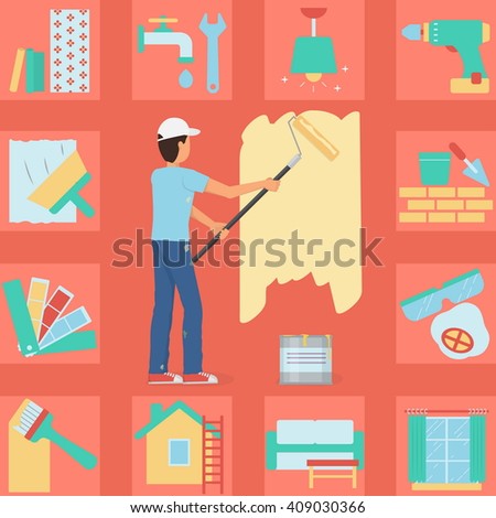 Illustration of a worker man painting a wall with a roller and paint bucket. Bonus: house repair and decoration icon set. Flat minimalistic style.