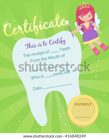 Cute tooth fairy receipt certificate template with sparkling tooth, tooth fairy girl and coin. Reward for children who loose their baby teeth.