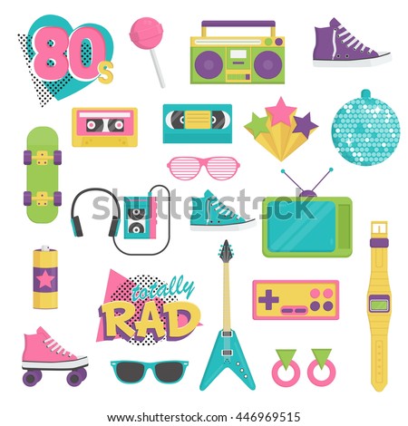 Collection of vintage retro 1980s style items that symbolize the 80s decade fashion accessories, style attributes, leisure items and innovations.