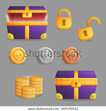 Collection of items for finding and opening a treasure chest with riches. Accessories for treasure chest opening, coins and riches inside of it and padlock. Game and app ui icons.