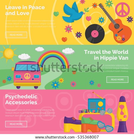 A collection of vintage retro 1960s hippie style header banners. Bright illustrations of travelling in hippie van, household innovations and appliances, personal items and accessories.