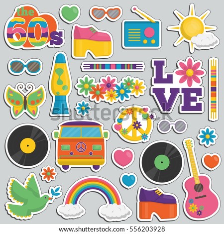 Collection of vintage retro 1960s hippie style sticker patches that symbolize the 60s decade fashion accessories, style attributes, leisure items and innovations.