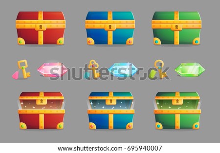 Illustration of an ancient treasure chest locked and open in various color schemes, matching set of keys and precious shining gemstones.