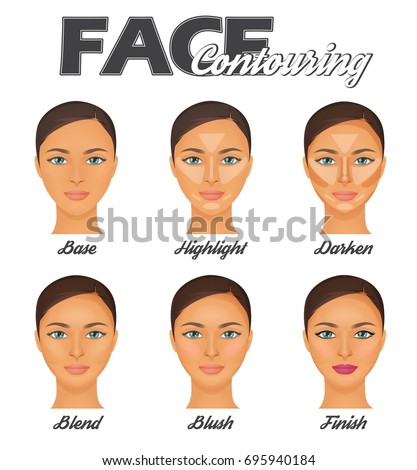 How to make perfect face contouring make-up tutorial chart. Highligter, bronzer and blush face correction techniques, pretty woman face model.