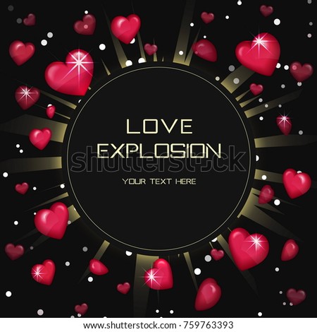 Glossy love hearts light beam lens flare explosion card template. Flying red heart shapes, blindening explosion burst with sparkles. Saint valentine love card preset.