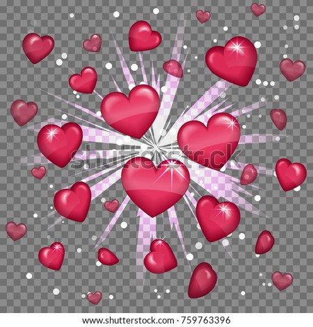 Glossy love hearts light beam lens flare explosion. Flying red heart shapes, blindening explosion burst with sparkles. Love affection perfect match couple effect.