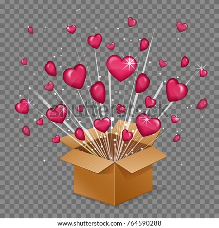 Unboxing present gift surprise love box, heart light beam lence flare explosion, love glowing hearts fly out of box. Saint valentine holiday illustration.