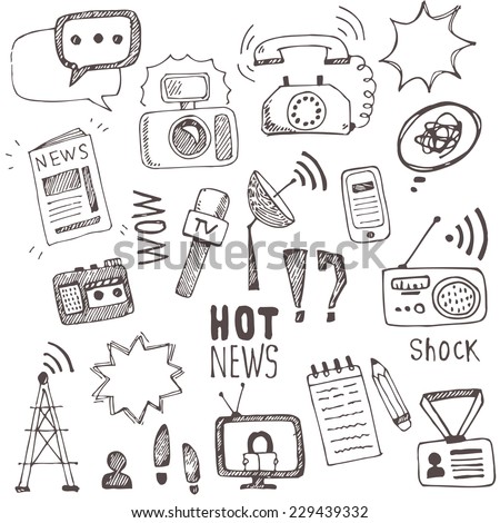 Vector doodle  journalism icons collection. Set of hand drawn symbols with tv,camera, speech bubble, telephone,dictaphone, radio