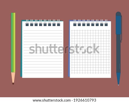 Opened notepad with pencil and pen in top view. Sketchbook or diary. Vector illustration