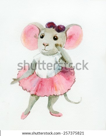 Watercolor painting of gray mouse-ballerina