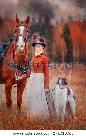 Lady in riding habbit XIX Century with russian borzoy dogs at horse hunting.  Imitation of old oil painting
