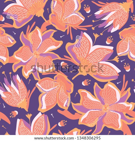 Hand painted large scale floral vector seamless pattern. Coral purple background with elegant lace blooms. Drawn stylized flower garden. Bold petal power foliage all over print. Retro vintage style