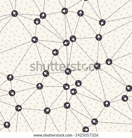 Arrow dot directional network. Web pointer background. Monochrome communication net concept swatch. Modern black white wallpaper. Technology direction symbol all over print. Seamless vector pattern. 