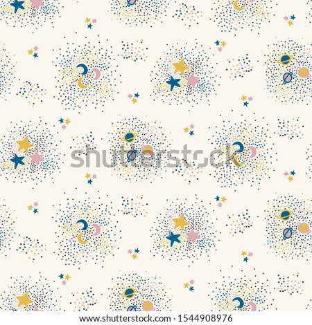 Magical Space Stars, Planet, Moon  Background Vector Seamless Pattern. Stardust Sprinkles Sky on Off White.  Cute Newborn Baby, Kids , Magic Universe Theme Texture. All over Print Vector Tile EPS 10