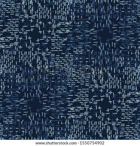 Boro Fabric Patch Kantha Vector Texture. Darning Embroidery Needlework Seamless Background. Indigo Blue Dye. Sashiko Running Stitch Pattern Textile Print. Japan Fashion Masculine Quilting Tile EPS 10 Stock fotó © 