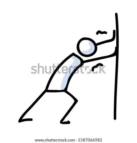 Hand Drawn Stick Figure Pushing Wall Pose. Concept of Physical Struggle Expression. Simple Icon Motif for Posture Achievement against Wall. Obstacle, Arms, Push Bujo Illustration. Vector EPS 10. 
