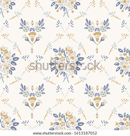 French shabby chic damask vector texture background. Dainty flower bouquet off white seamless pattern. Hand drawn floral interior home decor wallpaper. Classic cottage farmhouse style all over print