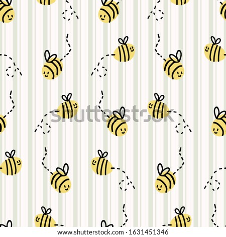 Cute simple stylized bumble bee seamless vector pattern. Hand drawn flying beeline insect gingham stripe background. Summer bug home decor. Playful, busy bee, yellow all over print. 