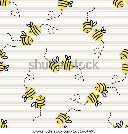 Cute simple stylized bee line seamless vector pattern. Hand drawn flying beeline insect gingham stripe background. Summer bug home decor. Playful, busy bee, yellow all over print typography. 