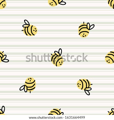 Cute simple stylized bee seamless vector pattern. Hand drawn flying beeline insect gingham stripe background. Summer bug home decor. Playful, busy bee, yellow all over print.