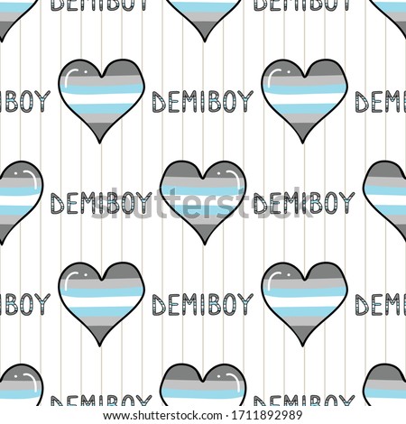 Cute demiboy heart with text cartoon seamless vector pattern. Hand drawn isolated pride flag for LGBTQ blog. Transgender stripe background all over print. Male gender community tolerance tile.
