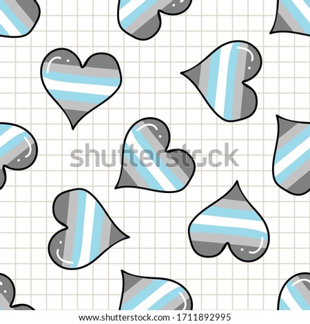 Cute demiboy heart cartoon seamless vector pattern. Hand drawn isolated pride flag for LGBTQ blog. Transgender stripe background all over print. Male gender community tolerance tile.