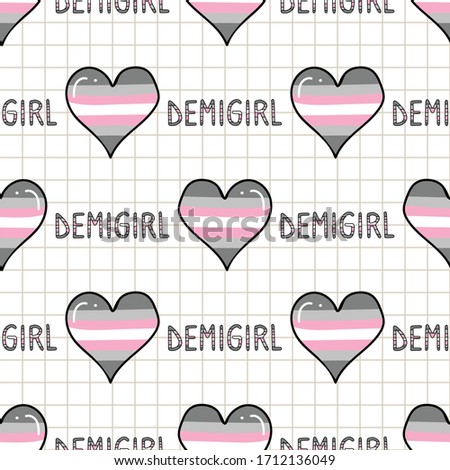 Cute demigirl heart with text cartoon seamless vector pattern. Hand drawn isolated pride flag for LGBTQ blog. Transgender stripe background all over print. Female gender community tolerance tile.