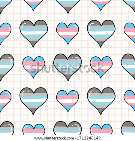 Cute trans demiboy heart cartoon seamless vector pattern. Hand drawn isolated pride flag for LGBTQ blog. Transgender stripe background all over print. Male gender community tolerance tile.