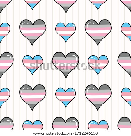 Cute trans demigirl heart cartoon seamless vector pattern. Hand drawn isolated pride flag for LGBTQ blog. Transgender stripe background all over print. Female gender community tolerance tile.