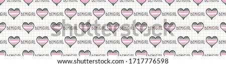 Cute demigirl heart with text cartoon seamless vector border. Hand drawn isolated pride flag for LGBTQ blog. Transgender stripe background all over print. Female gender community tolerance tile.