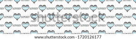 Cute demiboy heart with text cartoon seamless vector border. Hand drawn isolated pride flag for LGBTQ blog. Transgender stripe background all over print. Male gender community tolerance tile.
