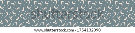 Seamless background moon banner. Gender neutral baby border pattern. Simple whimsical minimal earthy 2 tone color. Kids nursery edging or boho nature starry fashion ribbon trim.