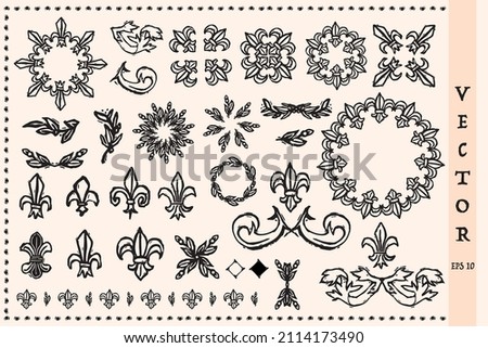 French fleur de lis collection of icons in stylised linocut block print style. Monochrome isolated hand drawn rustic motif set. Sketched modern heraldry black boho decor design.