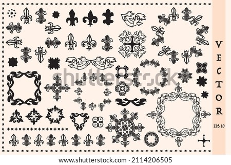 French fleur de lis collection of icons in stylised linocut block print style. Monochrome isolated hand drawn rustic motif set. Sketched modern heraldry black boho decor design.
