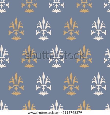 French fleur de lis royal lily seamless pattern. Farmhouse cottage background. Lilies lys flower flourish motif allover rustic damask.