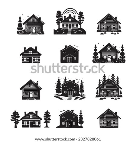 Set of log cabin and alpine fir tree vector illustrations. Masculine outdoor travel in nordic linocut chalet in Scandinavian holiday group