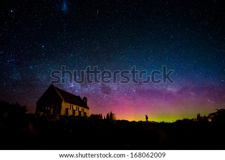 Australis aurora and Milky way at the Church of the Good Shepherd, Lake Tekapo, New Zealand