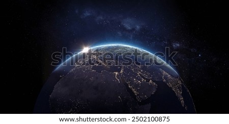 Similar – Image, Stock Photo cinematic View earth planet europe night Earth in space 3D rendering elements of this image furnished by NASA. Civilization. view from dark space 3d illustration.realistic earth surface and world map